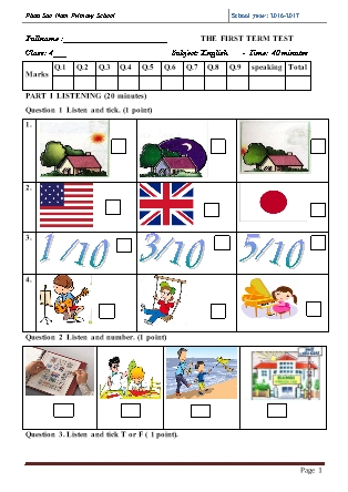 Bài kiểm tra chất lượng đầu năm môn Tiếng Anh Lớp 4 - Trường Tiểu học Phan Sao Nam