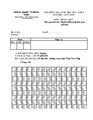 Bài kiểm tra Cuối học kì I môn Tiếng Việt Lớp 4 - Năm học 2019-2020 - Trường Tiểu học Việt Dân (Có đáp án)