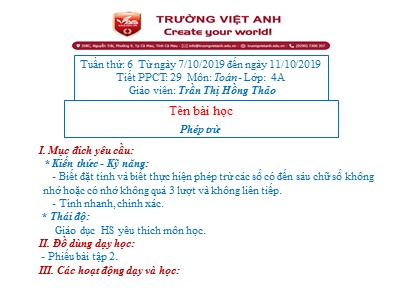 Bài giảng Toán Lớp 4 - Bài 30: Phép trừ - Năm học 2019-2020 - Trần Thị Hồng Thảo