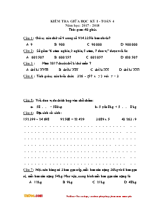 Đề kiểm tra giữa học kỳ I môn Toán 4 - Năm học 2017-2018 (Có đáp án)
