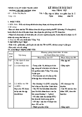 Kế hoạch bài dạy Tiếng Việt 4 - Tuần 10, Tiết 1: Ôn tập và kiểm tra giữa học kì I - Trần Thị Huyền
