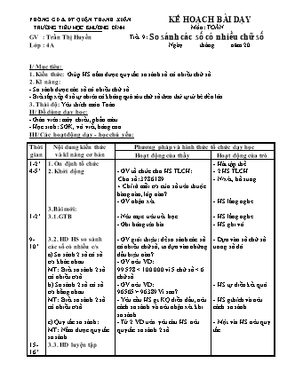 Kế hoạch bài dạy Toán 4 - Tuần 2, Tiết 9: So sánh các số có nhiều chữ số - Trần Thị Huyền