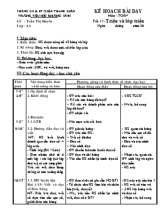 Kế hoạch bài dạy Toán 4 - Tuần 3, Tiết 11: Triệu và lớp triệu - Trần Thị Huyền