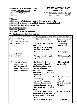 Kế hoạch bài dạy Toán 4 - Tuần 7, Tiết 35: Biểu thức có chứa ba chữ - Trần Thị Huyền