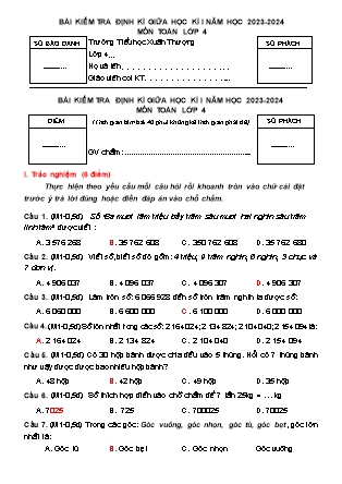Bài kiểm tra định kì giữa học kì I môn Toán Lớp 4 - Năm học 2023-2024 - Trường Tiểu học Xuân Thượng (Có đáp án)