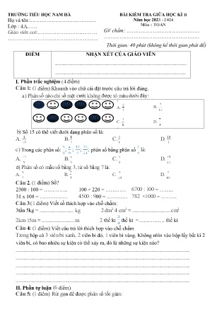 4 Đề kiểm tra giữa học kì II Toán + Tiếng Việt 4 - Năm học 2023-2024 - Trường Tiểu học Nam Hà