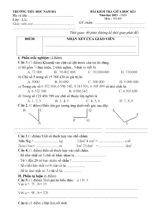 5 Đề kiểm tra giữa học kì I Toán + Tiếng Việt 4 - Năm học 2023-2024 - Trường Tiểu học Nam Hà (Có đáp án)