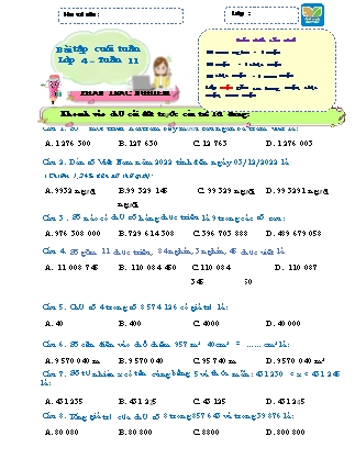 Bài tập ôn tập Toán 4 (Kết nối tri thức) - Tuần 11