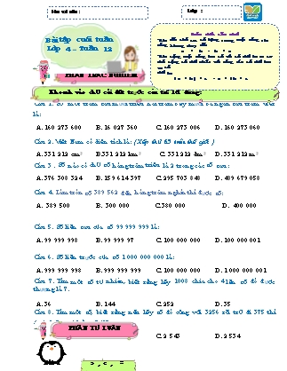 Bài tập ôn tập Toán 4 (Kết nối tri thức) - Tuần 12