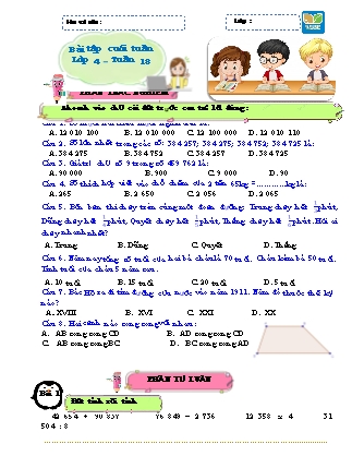 Bài tập ôn tập Toán 4 (Kết nối tri thức) - Tuần 18