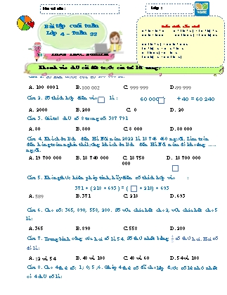 Bài tập ôn tập Toán 4 (Kết nối tri thức) - Tuần 33