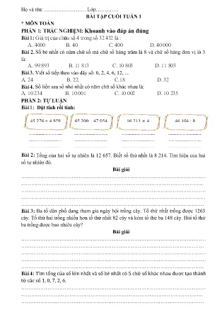 Bài tập Toán + Tiếng Việt Lớp 4 - Tuần 1