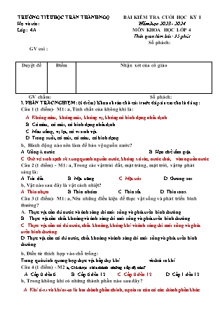 Đề kiểm tra cuối học kì I Khoa học 4 - Đề 2 - Năm học 2023-2024 - Trường Tiểu học Trần Thành Ngọ (Có đáp án)