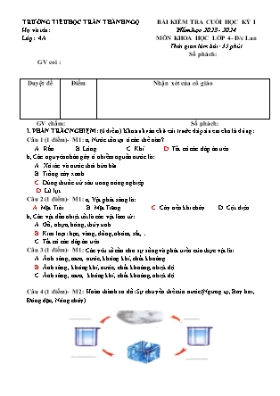 Đề kiểm tra cuối học kì I Khoa học 4 - Đề 5 - Năm học 2023-2024 - Trường Tiểu học Trần Thành Ngọ (Có đáp án)