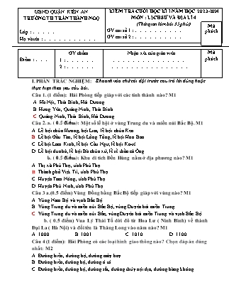 Đề kiểm tra cuối học kì I Lịch sử và Địa lí 4 - Đề 7 - Năm học 2023-2024 - Trường Tiểu học Trần Thành Ngọ (Có đáp án)