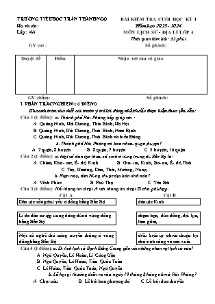 Đề kiểm tra cuối học kì I Lịch sử và Địa lí 4 - Năm học 2023-2024 - Trường Tiểu học Trần Thành Ngọ