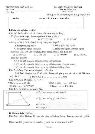 Đề kiểm tra cuối học kì I Lớp 4 - Năm học 2023-2024 - Trường Tiểu học Nam Hà (Có đáp án)