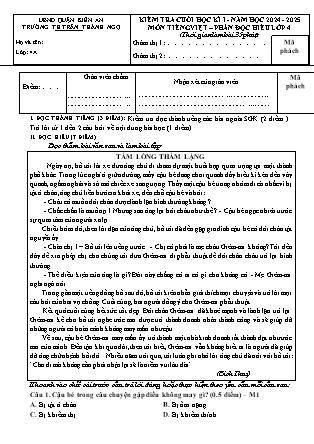 Đề kiểm tra cuối học kì I môn Tiếng Việt Lớp 4 - Năm học 2024-2025 - Trường Tiểu học Trần Thành Ngọ (Có đáp án)