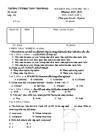 Đề kiểm tra cuối học kì I môn Toán 4 - Năm học 2023-2024 - Trường Tiểu học Trần Thành Ngọ (Có đáp án)