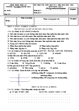 Đề kiểm tra cuối học kì I môn Toán Lớp 4 - Năm học 2023-2024 - Trường Tiểu học Trần Thành Ngọ (Có đáp án)