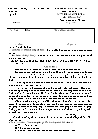 Đề kiểm tra cuối học kì I Tiếng Việt 4 - Đề 3 - Năm học 2023-2024 - Trường Tiểu học Trần Thành Ngọ (Có đáp án)