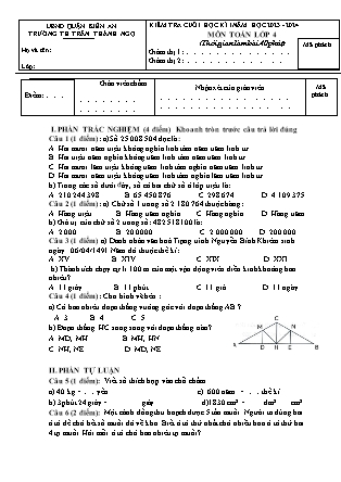 Đề kiểm tra cuối học kì I Toán Lớp 4 - Năm học 2023-2024 - Trường Tiểu học Trần Thành Ngọ (Có đáp án)