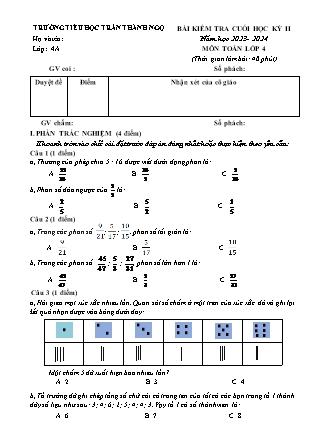 Đề kiểm tra cuối học kì II Toán 4 - Năm học 2023-2024 - Trường Tiểu học Trần Thành Ngọ