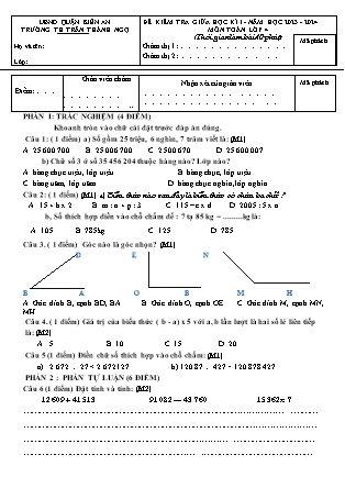 Đề kiểm tra giữa học I Toán 4 - Năm học 2023-2024 - Trường Tiểu học Trần Thành Ngọ