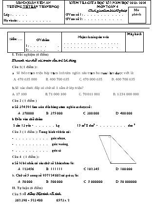 Đề kiểm tra giữa học kì I môn Toán Lớp 4 - Năm học 2023-2024 - Trường Tiểu học Trần Thành Ngọ