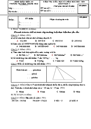 Đề kiểm tra giữa học kì I môn Toán Lớp 4 - Năm học 2023-2024 - Trường Tiểu học Trần Thành Ngọ (Có đáp án)