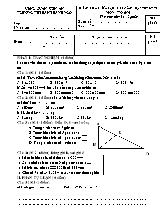 Đề kiểm tra giữa học kì I Toán 4 - Năm học 2023-2024 - Trường Tiểu học Trần Thành Ngọ (Có đáp án)