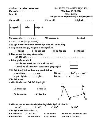 Đề kiểm tra giữa học kì I Toán 4 - Năm học 2023-2024 - Trường Tiểu học Trần Thành Ngọ