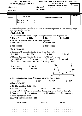 Đề kiểm tra giữa học kì I Toán Lớp 4 - Năm học 2023-2024 - Trường Tiểu học Trần Thành Ngọ (Có đáp án)