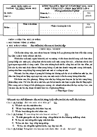 Đề kiểm tra Tiếng Việt 4 giữa học kì II - Năm học 2023-2024 - Trường Tiểu học Trần Thành Ngọ (Có đáp án)