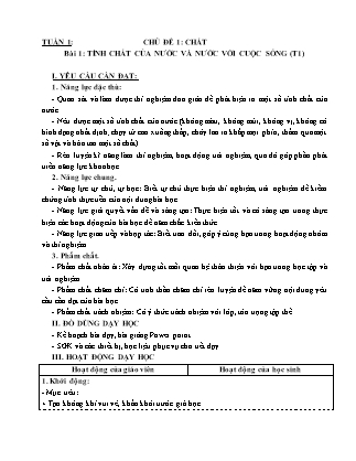 Giáo án Khoa học 4 (Kết nối tri thức) - Chủ đề 1: Chất - Bài 1: Tính chất của nước và nước với cuộc sống (Tiết 1+2)