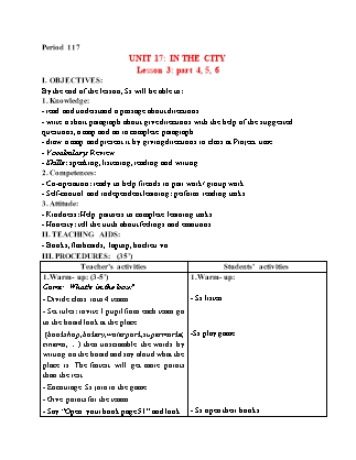 Giáo án Tiếng Anh 4 (Global Success) - Period 117, Unit 17: In the city (Lesson 3)