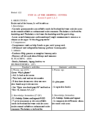 Giáo án Tiếng Anh 4 (Global Success) - Period 122, Unit 18: At the shopping center (Lesson 3)