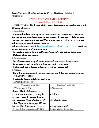 Giáo án Tiếng Anh 4 (Global Success) - Period 13, Unit 2: Time and daily routines (Lesson 2) - Năm học 2023-2024