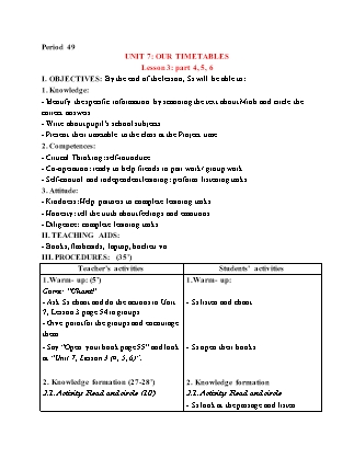 Giáo án Tiếng Anh 4 (Global Success) - Period 49, Unit 7: Our timetables (Lesson 3)