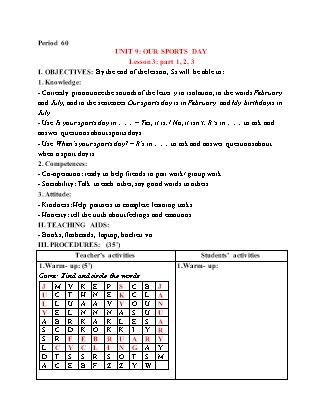 Giáo án Tiếng Anh 4 (Global Success) - Period 60, Unit 9: Our sports day (Lesson 3)