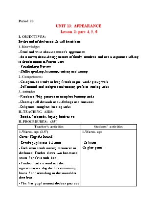 Giáo án Tiếng Anh 4 (Global Success) - Period 90, Unit 13: Appearance (Lesson 3)