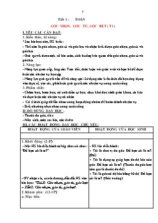 Giáo án Toán 4 (Kết nối tri thức) - Tiết 1: Góc nhọn, góc tù, góc bẹt