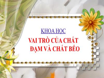 Bài giảng môn Khoa Học Lớp 4 - Tuần 3, Bài 5: Vai trò của chất đạm và chất béo (GV: Hà Thị Hòa)