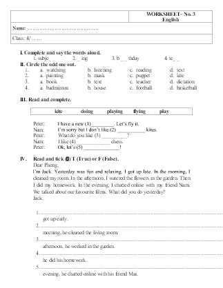 Phiếu học tập môn Tiếng Anh Lớp 4 - Phiếu bài tập số 3