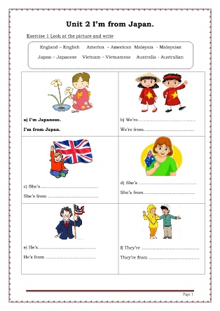 Phiếu học tập môn Tiếng Anh Lớp 4 - Unit 2: Im from Japan