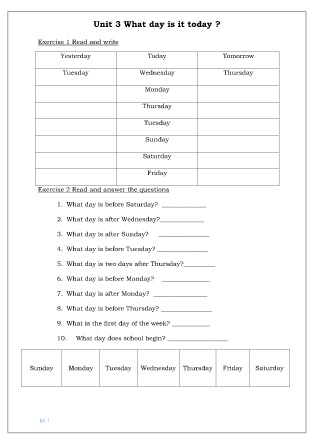 Phiếu học tập môn Tiếng Anh Lớp 4 - Unit 3: What day is it today?