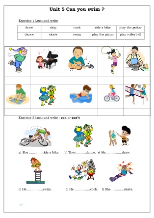 Phiếu học tập môn Tiếng Anh Lớp 4 - Unit 5: Can you swim?