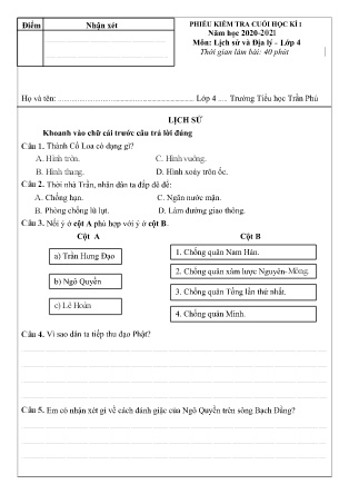 Phiếu kiểm tra Cuối học kì I môn Lịch Sử và Địa Lí Lớp 4 Trường TH Trần Phú - Năm học 2020-2021 (Có đáp án + Ma trận)