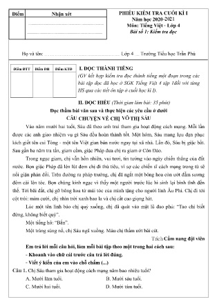 Phiếu kiểm tra Cuối học kì I môn Tiếng Việt Lớp 4 Trường TH Trần Phú - Năm học 2020-2021 (Có hướng dẫn chấm + Ma trận)