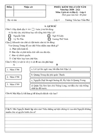 Phiếu kiểm tra Cuối năm môn Lịch Sử và Địa Lí Lớp 4 Trường TH Trần Phú - Năm học 2020-2021 (Có hướng dẫn chấm + Ma trận)